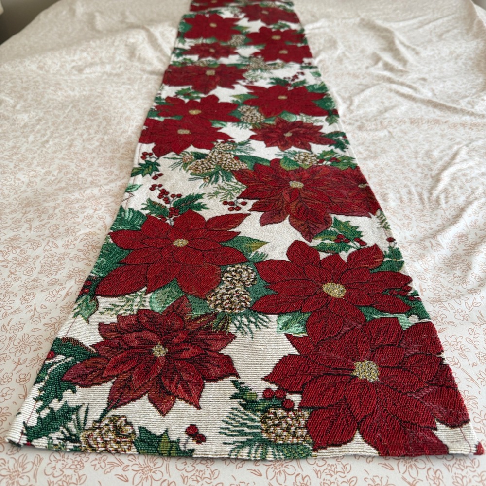 Vintage Christmas Poinsettia Tapestry Table Runner Red Green Gold 66x12.5